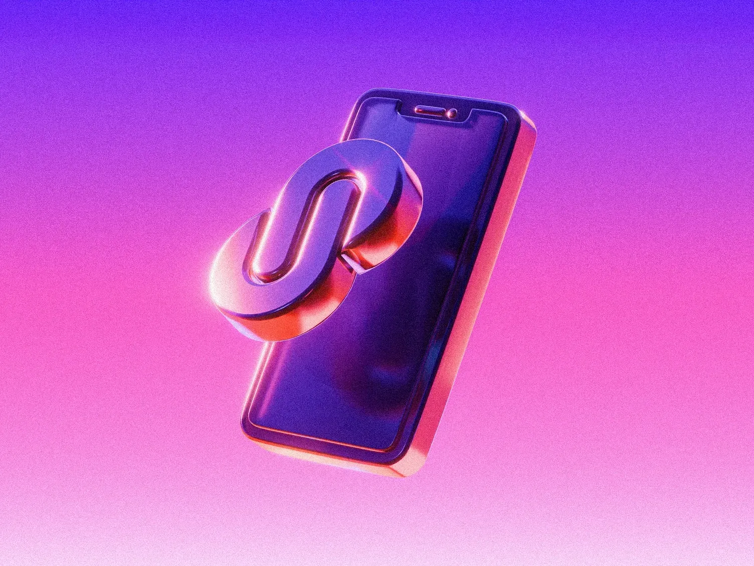 DeluPay 3D brand visual with metallic phone and abstract shape on pink-purple gradient. Fintech payments identity by WeGrow.