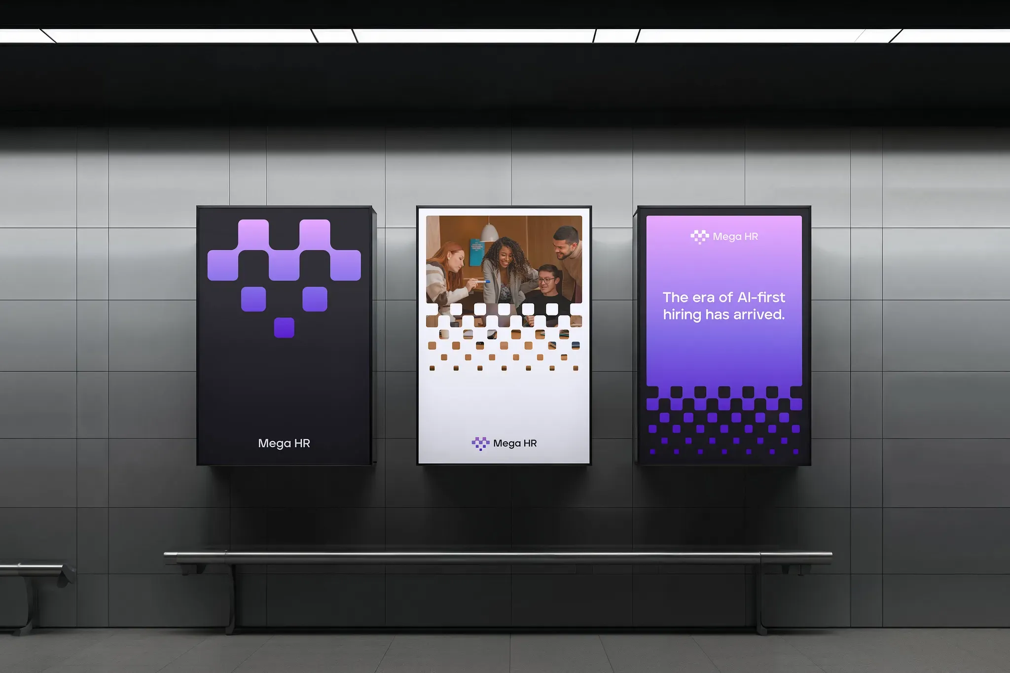 Mega HR brand identity posters on subway screens showing AI hiring platform logo and campaign visuals by WeGrow.Mega HR brand identity posters on subway screens showing AI hiring platform logo and campaign visuals by WeGrow.