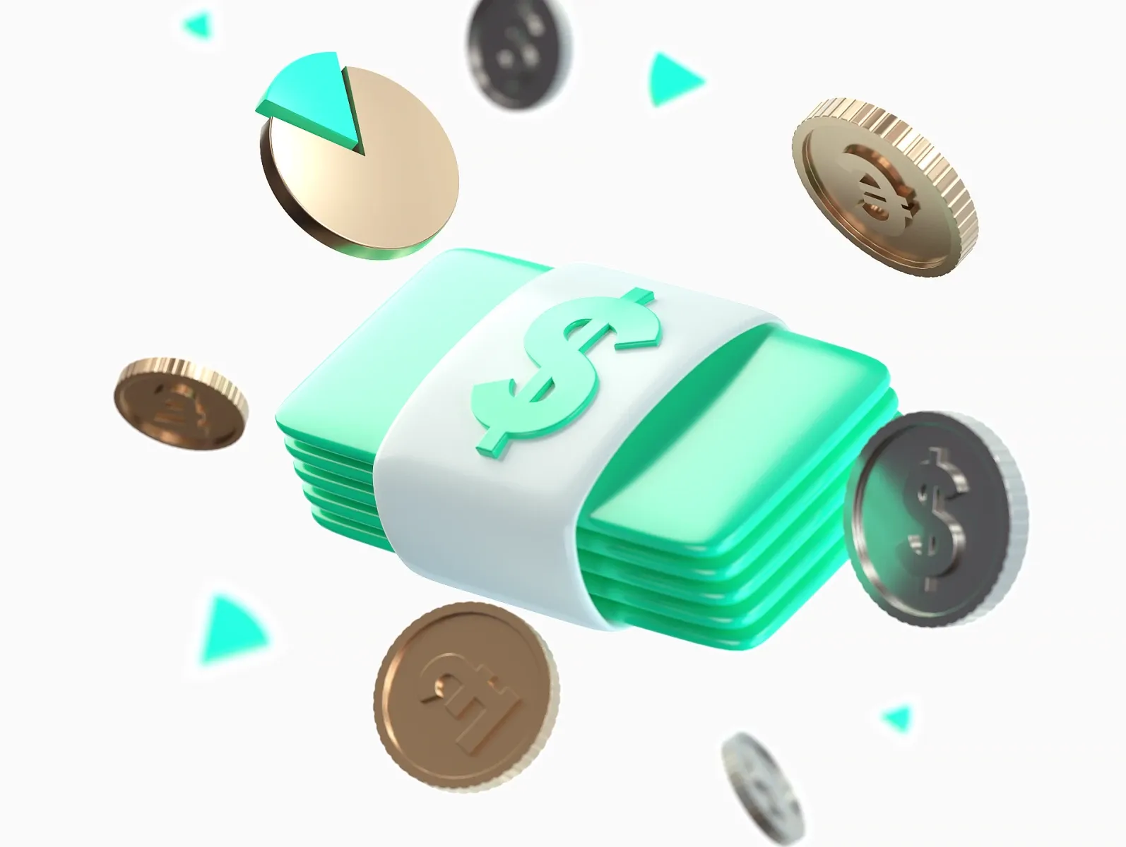 3D render of a banded green cash stack surrounded by floating gold and silver currency coins — WeGrow fintech 3D illustration.