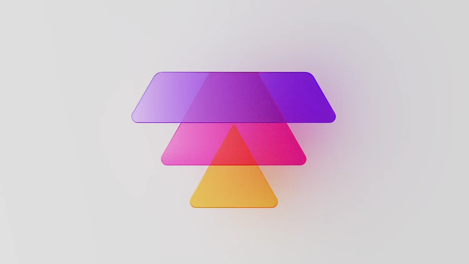 3D translucent glass triangles stacked into a layered pyramid in purple, pink and orange — 3D design by WeGrow.
