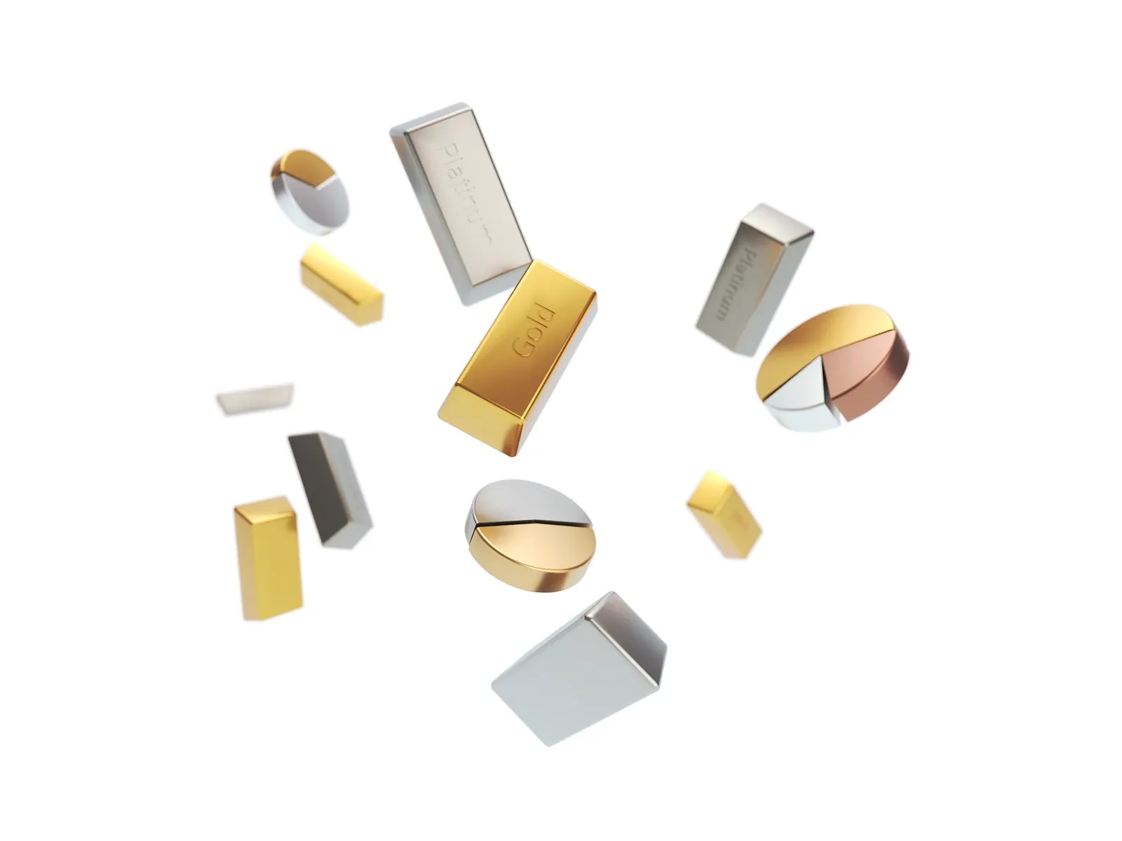 3D render of floating gold and platinum bars and metallic pie-chart coins — WeGrow 3D illustration on wealth and finance.
