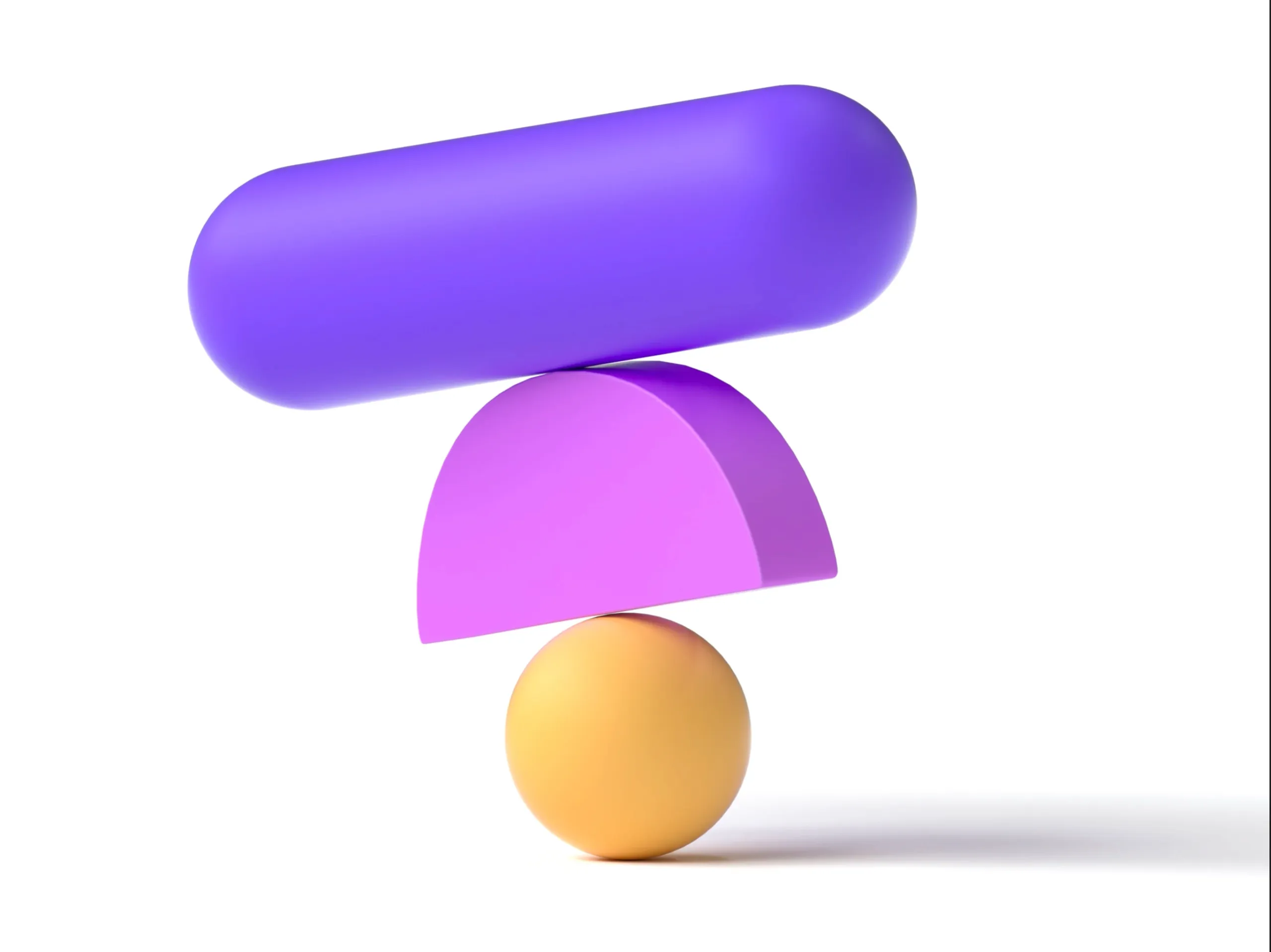 3D render of balanced shapes — a purple capsule resting on a magenta half-dome and a yellow sphere — WeGrow 3D design.