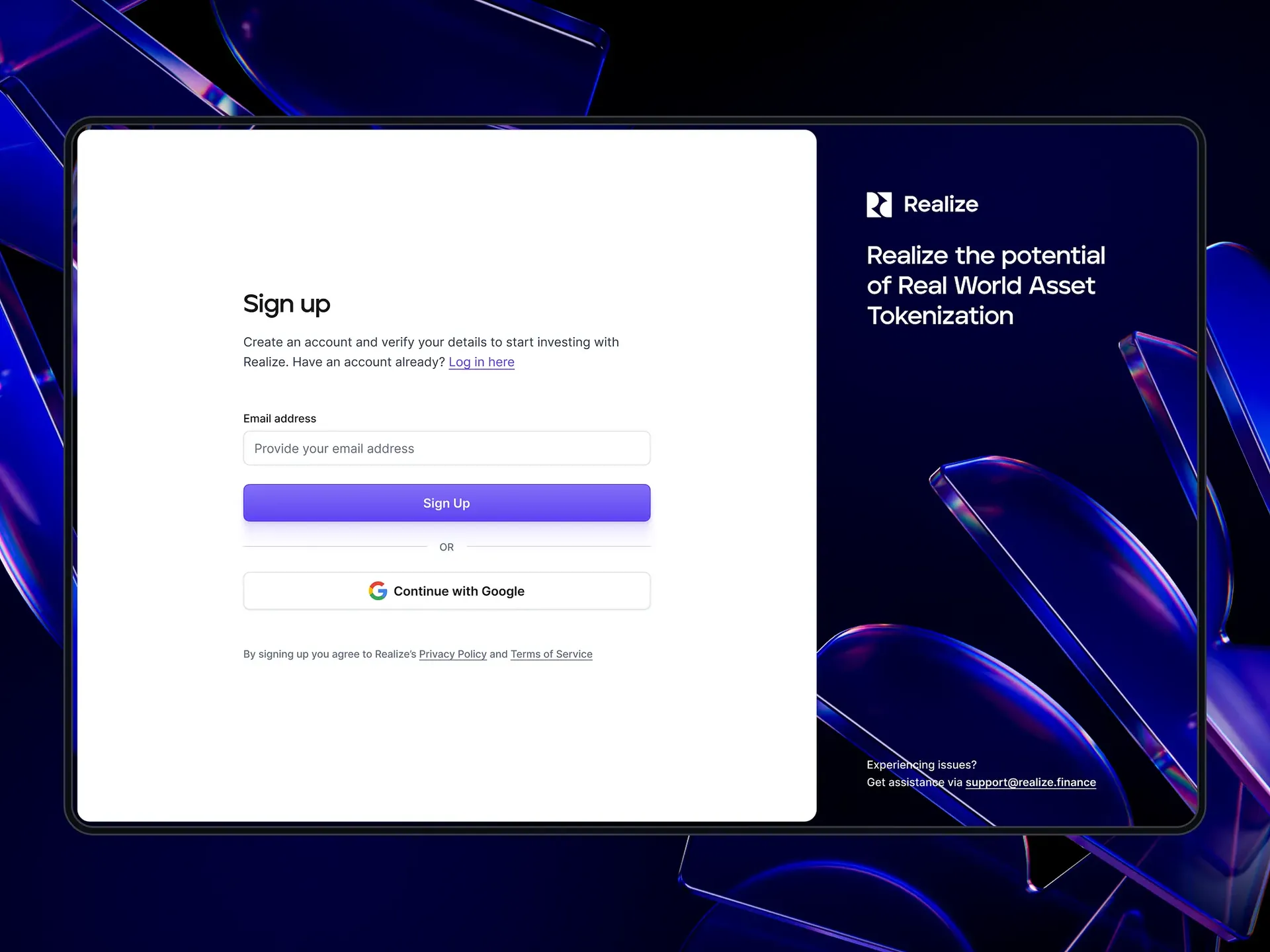 Realize sign-up page design for a real world asset tokenization platform. Web design and brand identity by WeGrow.