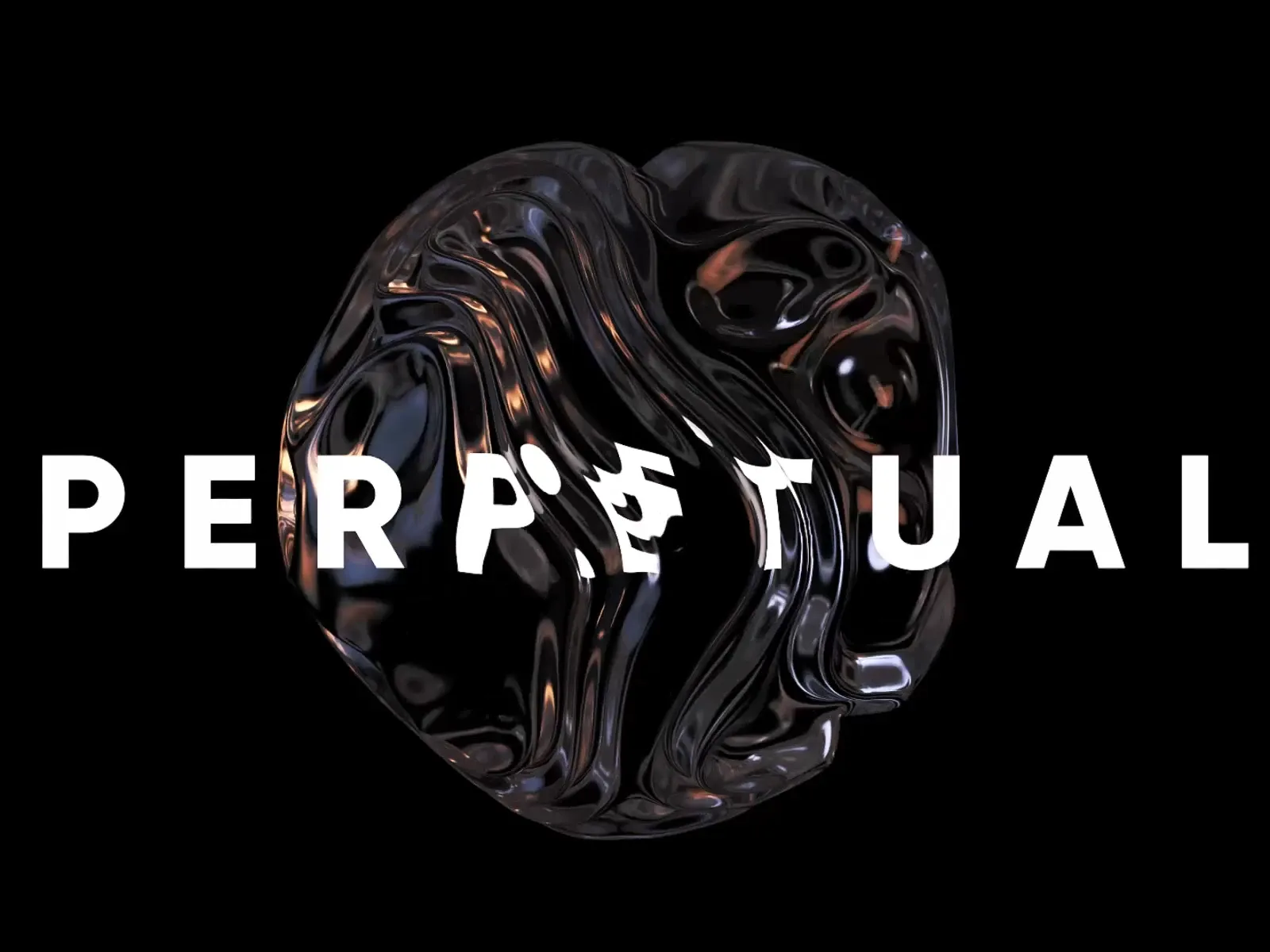 Glossy black liquid-chrome 3D blob behind a white ‘Perpetual’ wordmark — 3D branding by WeGrow.
