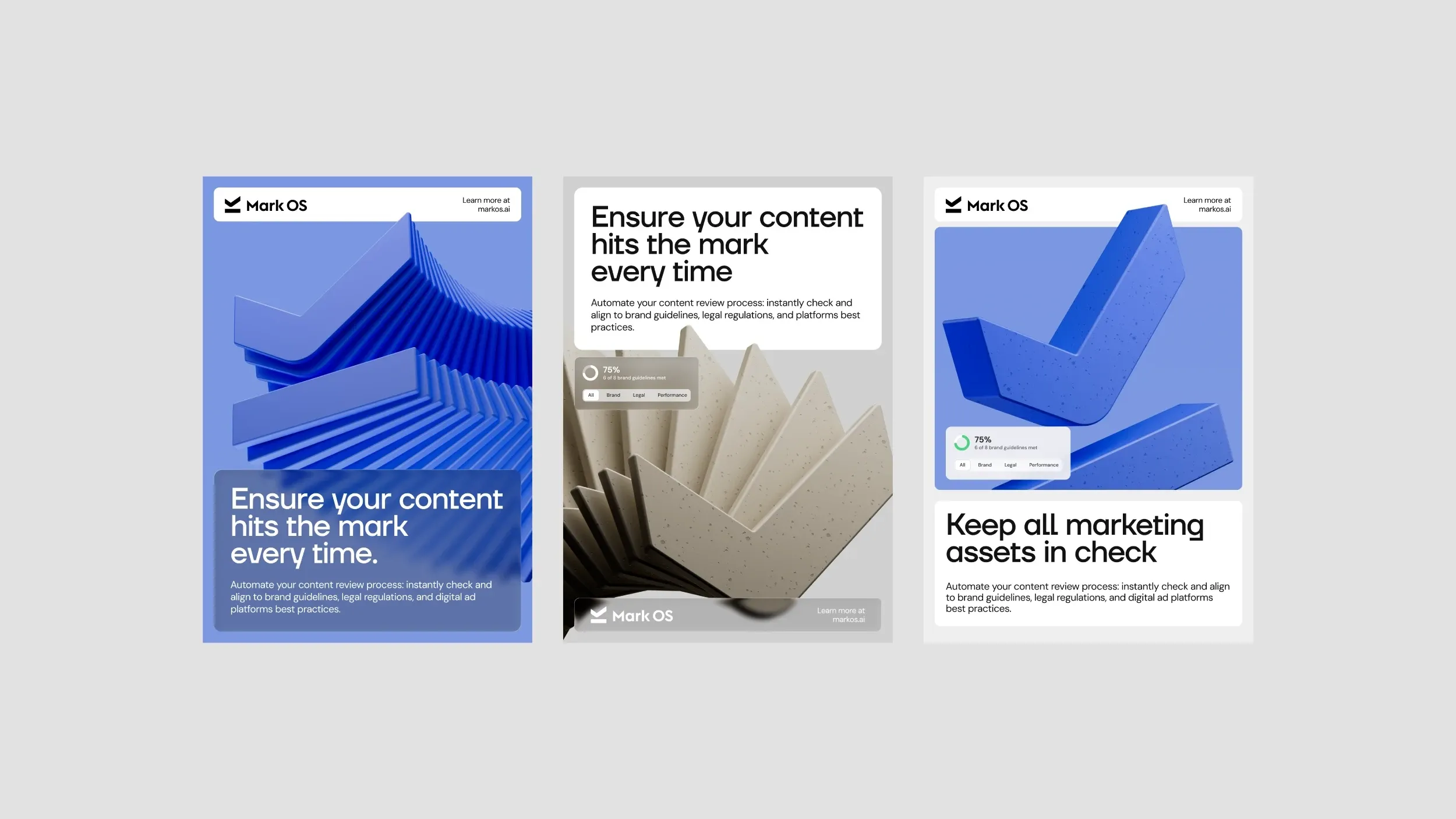 Mark OS poster series featuring 3D logo renders in blue and beige. Brand identity and 3D design by WeGrow.