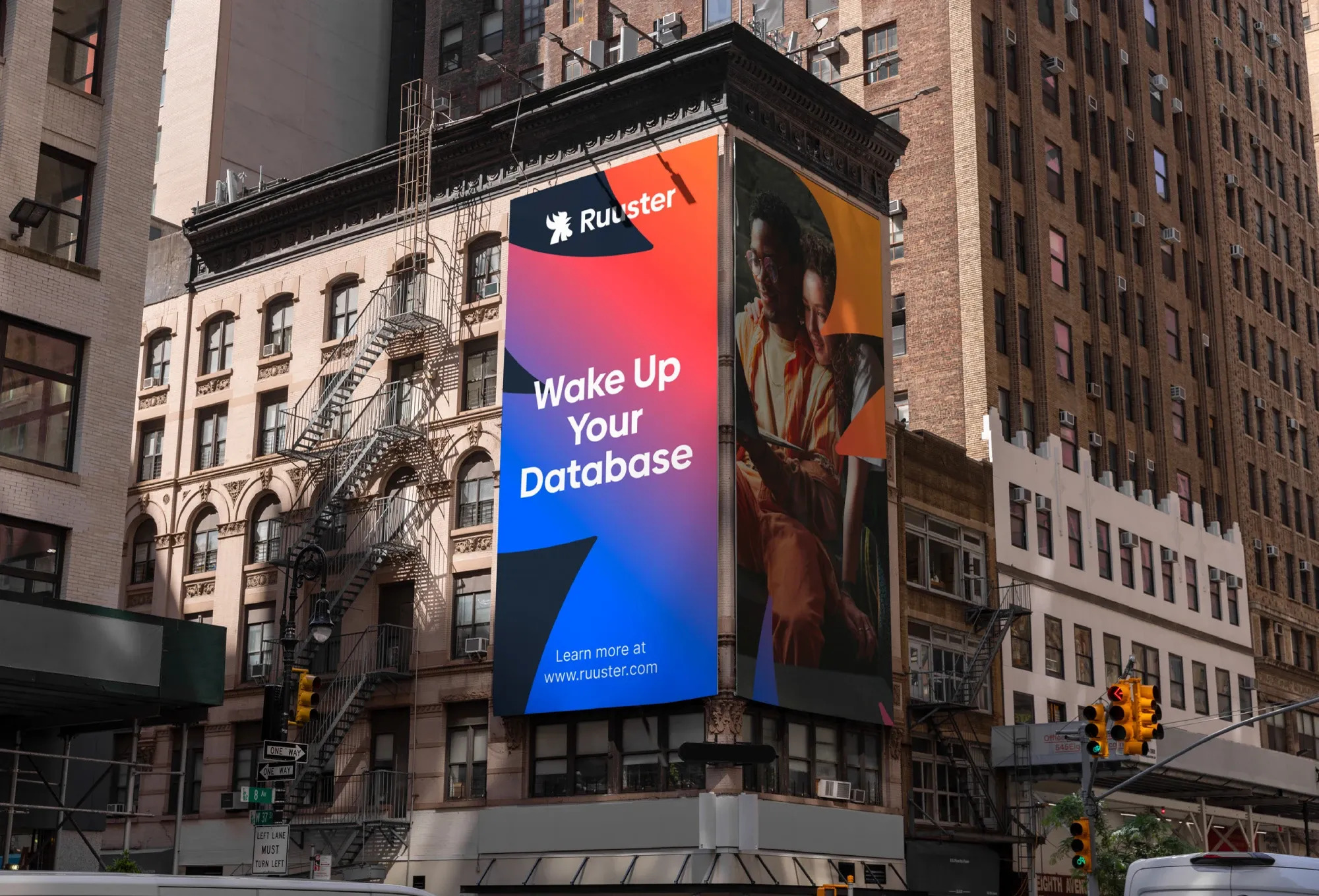 Ruuster brand identity displayed on a building billboard in New York City. AI real estate platform designed by WeGrow.