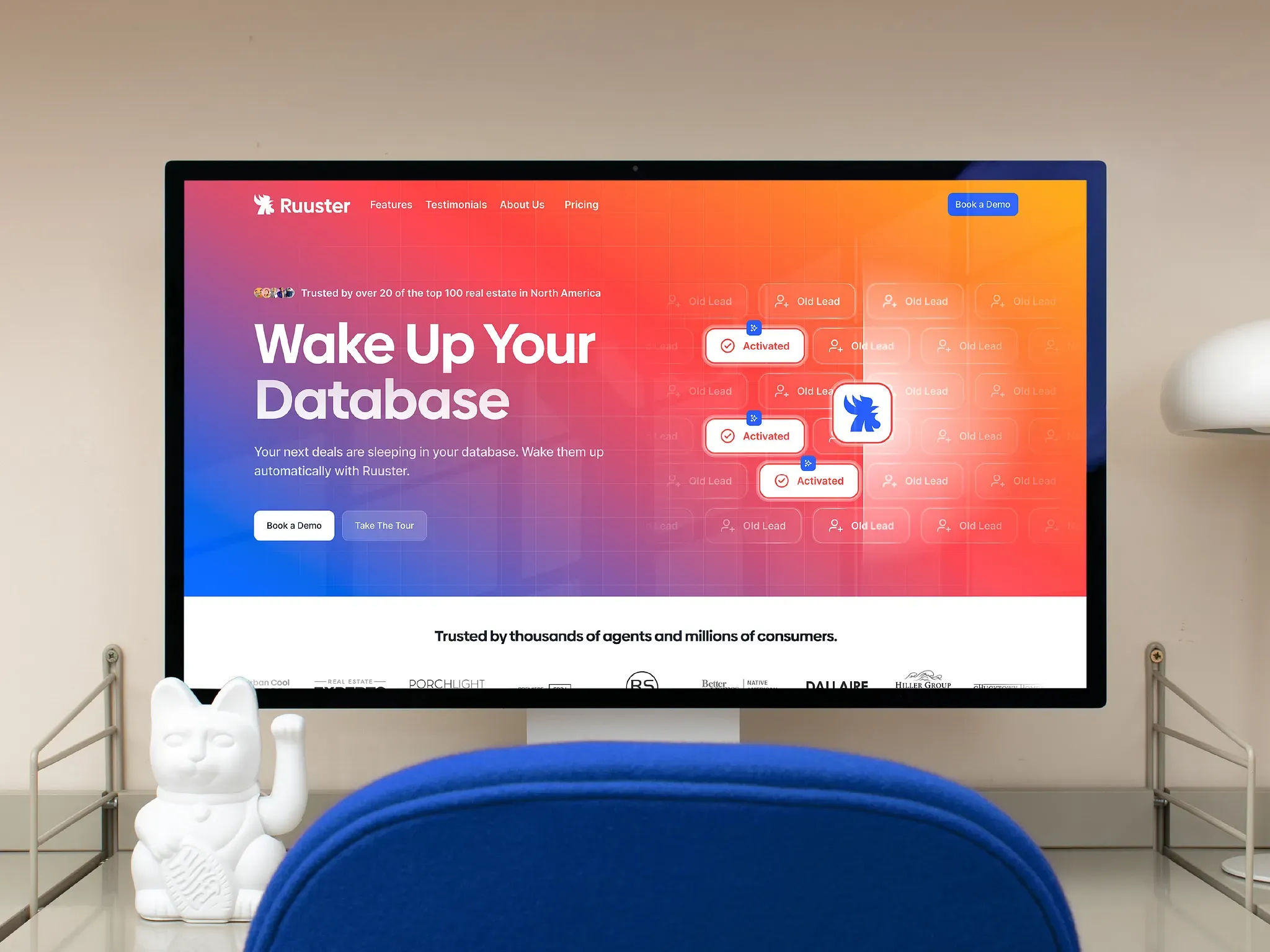 Ruuster homepage on a desktop monitor showing AI real estate platform web design. Brand identity by WeGrow.