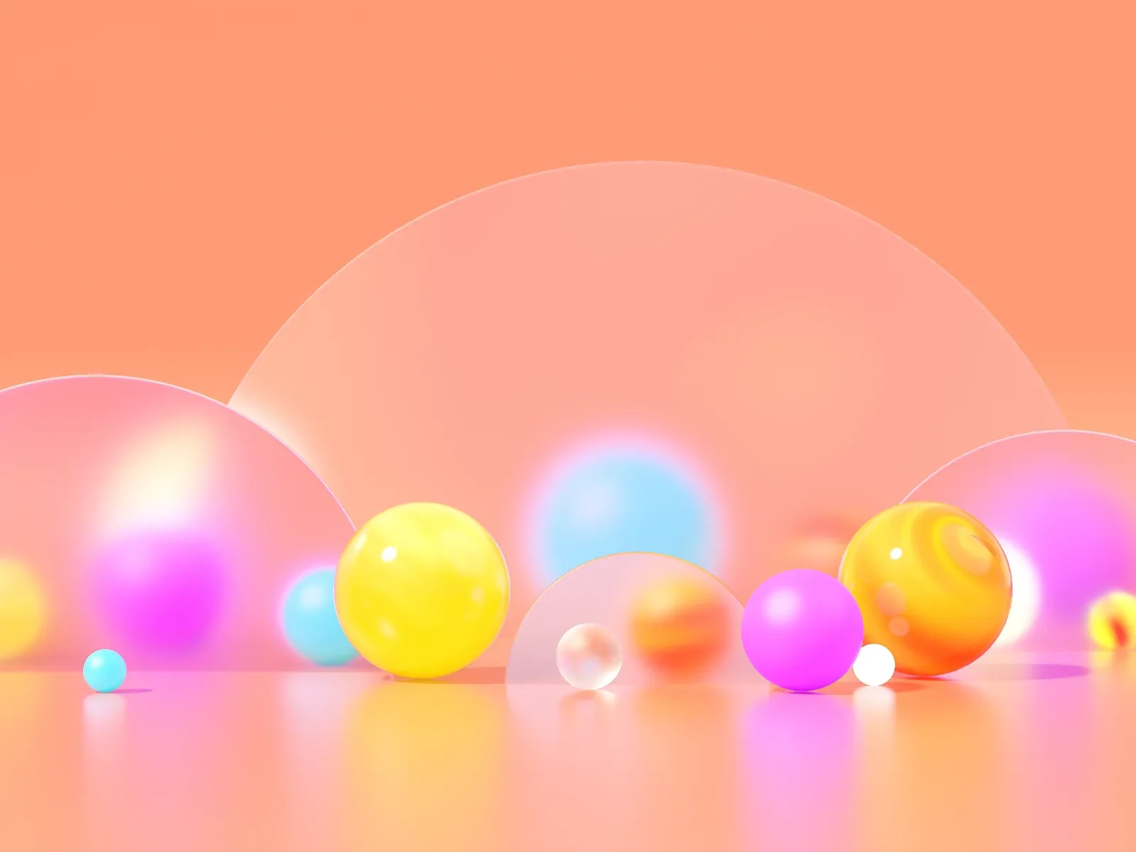 3D scene of colourful glossy spheres and frosted glass arcs on a warm peach gradient — 3D design by WeGrow.