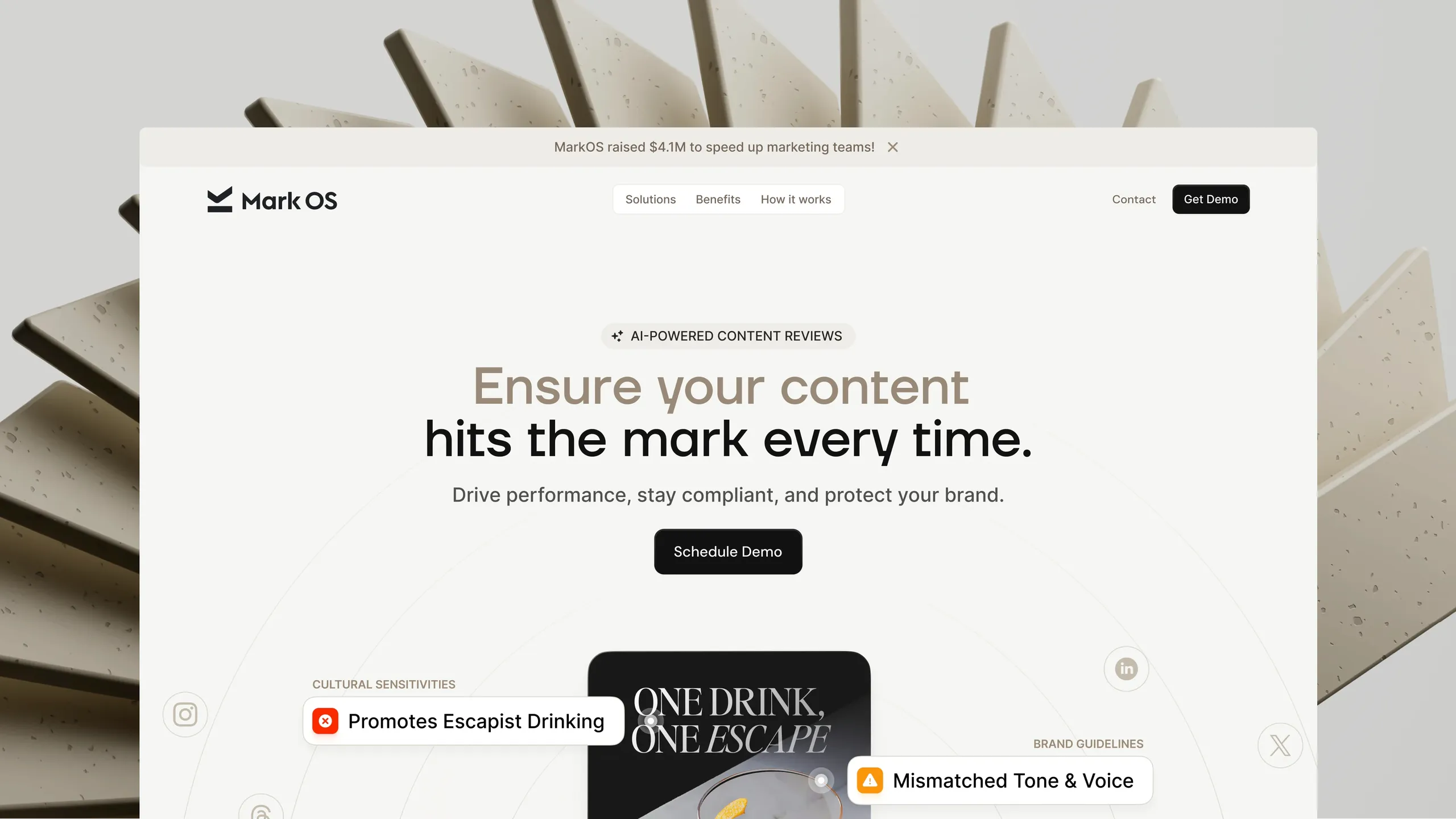 MarkOS website homepage design showing AI-powered content review platform. Brand identity and web design by WeGrow.